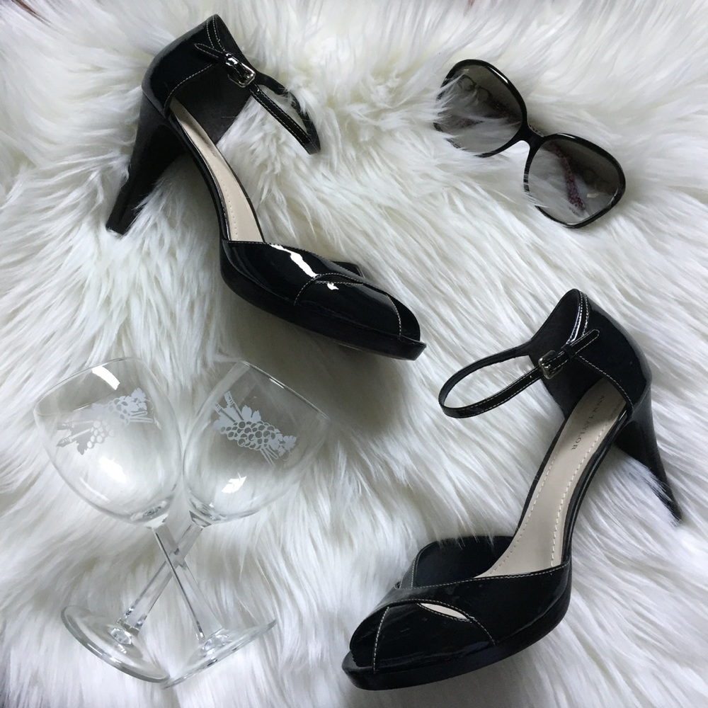 Ann Taylor Navy Patent Ankle Strap Peeptoe Heels